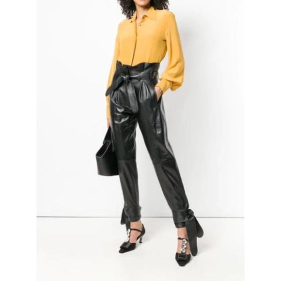 ATTICO Women's Leather Paper Bag Pants IT 40 US Small Black Tie Cuff Belted NWT - Picture 2 of 14